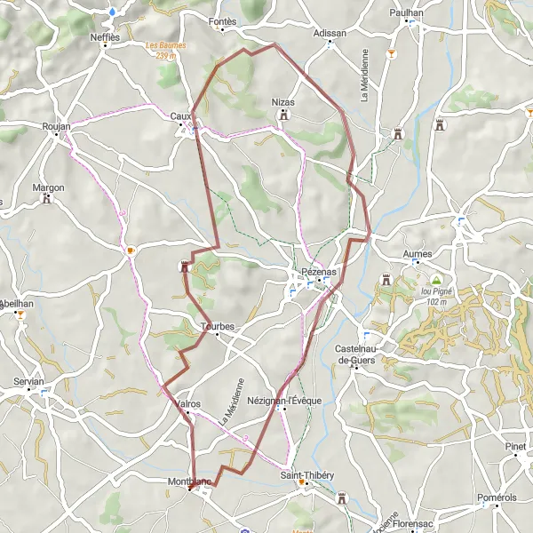 Miniature de la carte de l'inspiration cycliste "Les Collines du Languedoc en Gravel" dans la Languedoc-Roussillon, France. Générée par le planificateur d'itinéraire cycliste Tarmacs.app