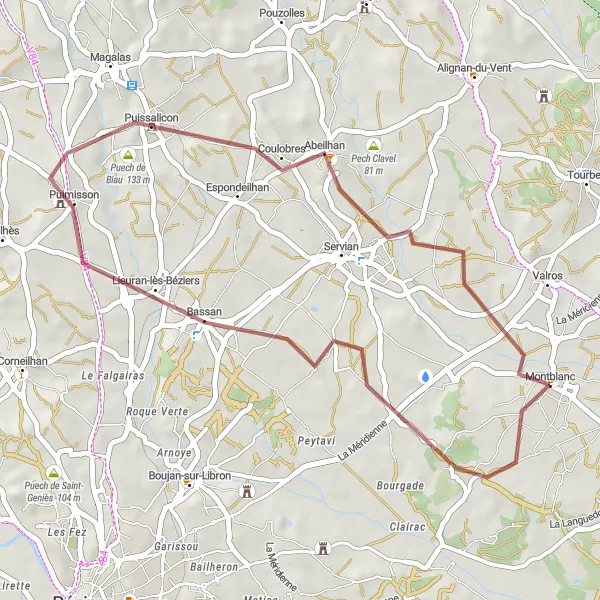 Map miniature of "Gravel Loop: Montblanc to Bassan" cycling inspiration in Languedoc-Roussillon, France. Generated by Tarmacs.app cycling route planner