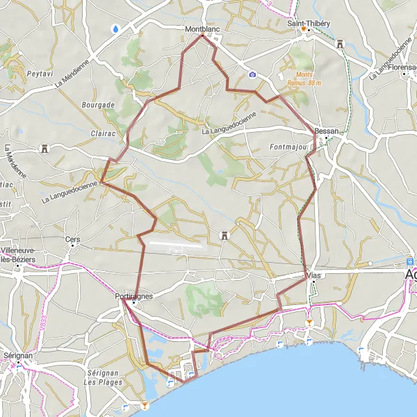 Miniature de la carte de l'inspiration cycliste "Escapade gravel de Portiragnes à Montblanc" dans la Languedoc-Roussillon, France. Générée par le planificateur d'itinéraire cycliste Tarmacs.app