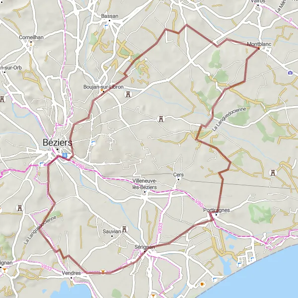 Miniature de la carte de l'inspiration cycliste "Aventure gravel à Portiragnes et Vendres" dans la Languedoc-Roussillon, France. Générée par le planificateur d'itinéraire cycliste Tarmacs.app