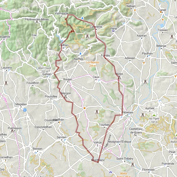 Map miniature of "Gravel Adventure: Montblanc to Vailhan" cycling inspiration in Languedoc-Roussillon, France. Generated by Tarmacs.app cycling route planner