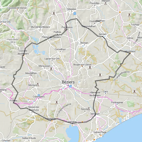 Map miniature of "Montblanc to Villeneuve-lès-Béziers and back" cycling inspiration in Languedoc-Roussillon, France. Generated by Tarmacs.app cycling route planner