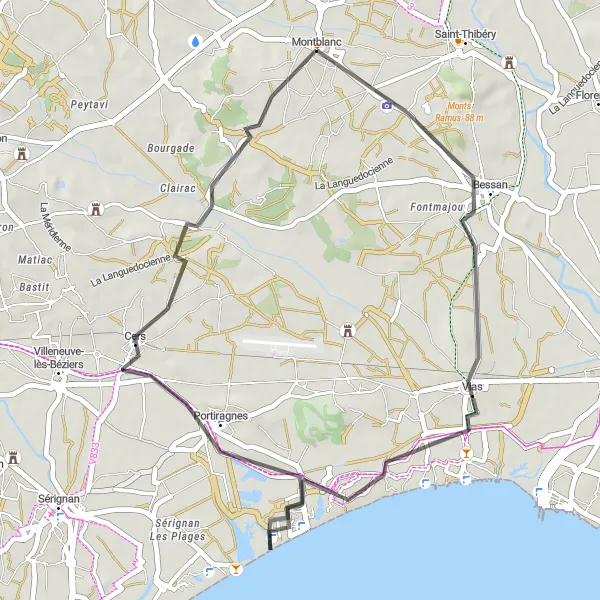 Miniature de la carte de l'inspiration cycliste "Le tour de Bessan et Vias" dans la Languedoc-Roussillon, France. Générée par le planificateur d'itinéraire cycliste Tarmacs.app
