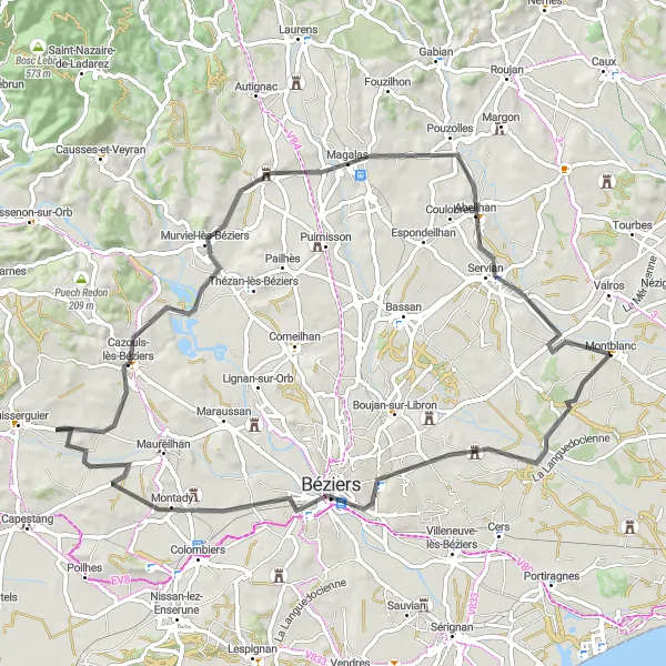 Miniature de la carte de l'inspiration cycliste "Exploration de Béziers à Abeilhan" dans la Languedoc-Roussillon, France. Générée par le planificateur d'itinéraire cycliste Tarmacs.app