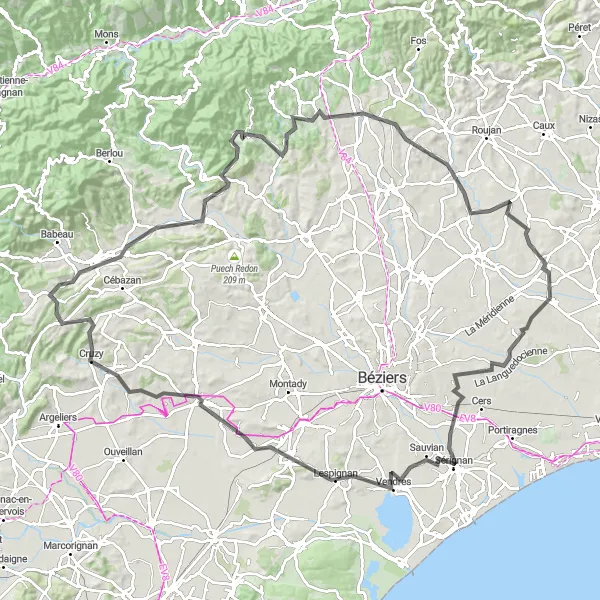 Map miniature of "Road Adventure: Montblanc to Valros" cycling inspiration in Languedoc-Roussillon, France. Generated by Tarmacs.app cycling route planner