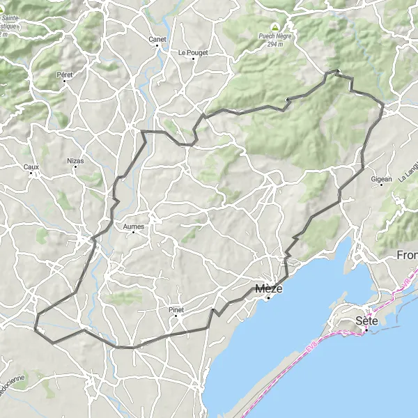 Miniature de la carte de l'inspiration cycliste "Grand tour de Cazouls-d'Hérault à Le Fort" dans la Languedoc-Roussillon, France. Générée par le planificateur d'itinéraire cycliste Tarmacs.app