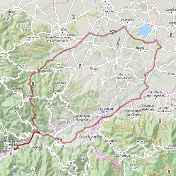 Map miniature of "Saint-Martin-de-Fenollar Gravel Adventure" cycling inspiration in Languedoc-Roussillon, France. Generated by Tarmacs.app cycling route planner