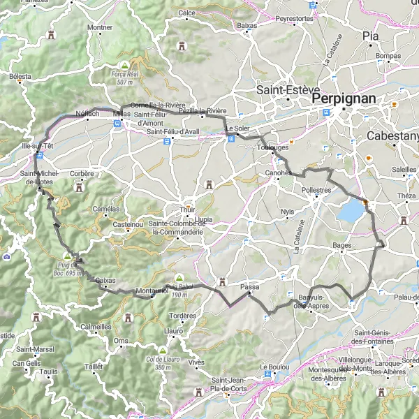 Map miniature of "Pyrenees Road Cycling Tour" cycling inspiration in Languedoc-Roussillon, France. Generated by Tarmacs.app cycling route planner
