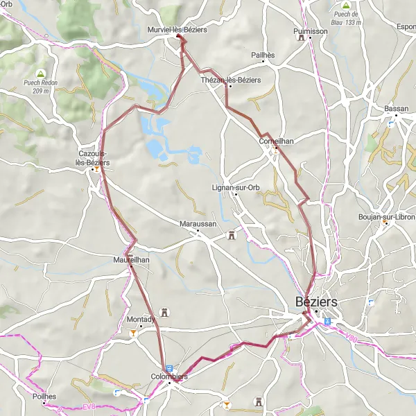 Miniature de la carte de l'inspiration cycliste "Les vignobles et villages du Languedoc" dans la Languedoc-Roussillon, France. Générée par le planificateur d'itinéraire cycliste Tarmacs.app