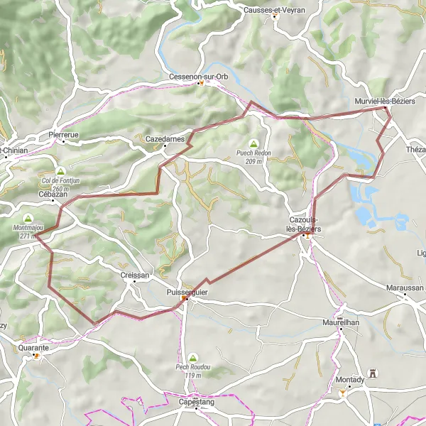 Miniature de la carte de l'inspiration cycliste "Parcours Gravel Cazouls-lès-Béziers" dans la Languedoc-Roussillon, France. Générée par le planificateur d'itinéraire cycliste Tarmacs.app