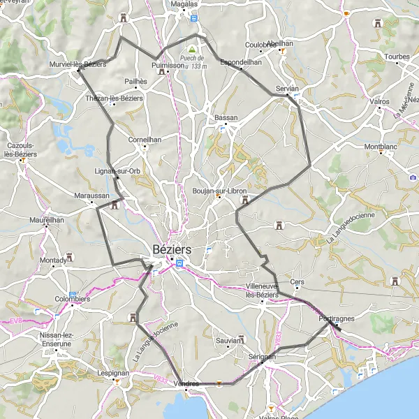 Map miniature of "Tour De L'Hérault" cycling inspiration in Languedoc-Roussillon, France. Generated by Tarmacs.app cycling route planner
