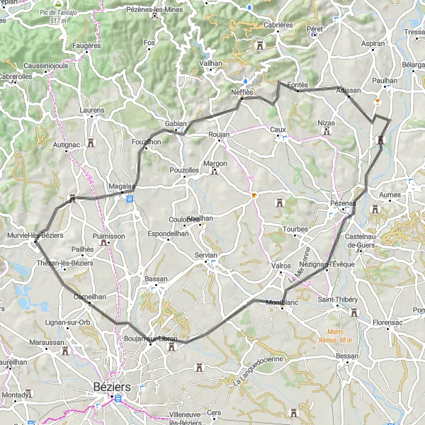 Map miniature of "Scenic Road Tour through Captivating Villages and Towns" cycling inspiration in Languedoc-Roussillon, France. Generated by Tarmacs.app cycling route planner