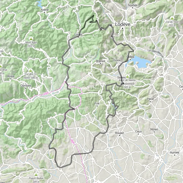 Map miniature of "Ride Through Cévennes" cycling inspiration in Languedoc-Roussillon, France. Generated by Tarmacs.app cycling route planner