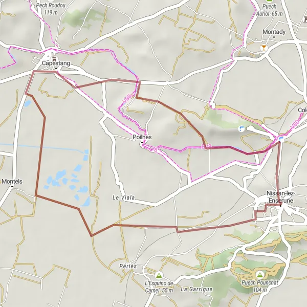 Miniature de la carte de l'inspiration cycliste "Les Chemins de Gravel de Capestang" dans la Languedoc-Roussillon, France. Générée par le planificateur d'itinéraire cycliste Tarmacs.app
