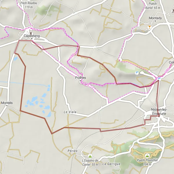 Map miniature of "Scenic Delights of Nissan-lez-Enserune" cycling inspiration in Languedoc-Roussillon, France. Generated by Tarmacs.app cycling route planner