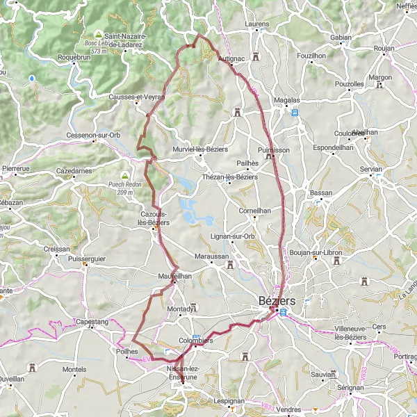 Miniature de la carte de l'inspiration cycliste "Boucle de 73 km en gravel autour de Nissan-lez-Enserune" dans la Languedoc-Roussillon, France. Générée par le planificateur d'itinéraire cycliste Tarmacs.app