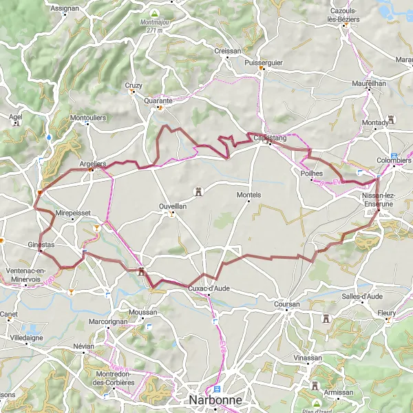 Miniature de la carte de l'inspiration cycliste "Exploration de 65 km en gravel autour de Nissan-lez-Enserune" dans la Languedoc-Roussillon, France. Générée par le planificateur d'itinéraire cycliste Tarmacs.app