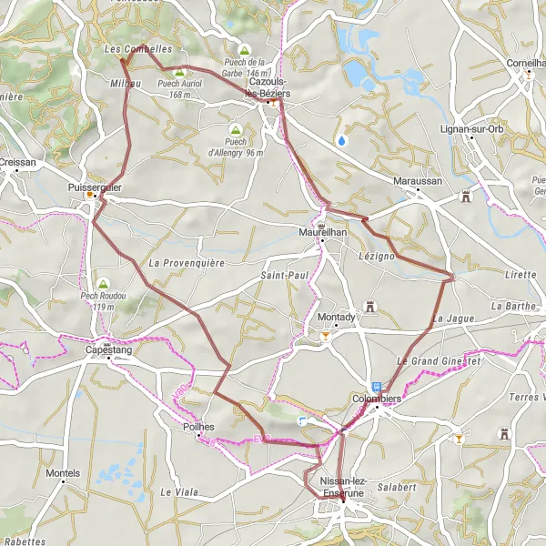 Miniature de la carte de l'inspiration cycliste "Parcours de 41 km en gravel autour de Nissan-lez-Enserune" dans la Languedoc-Roussillon, France. Générée par le planificateur d'itinéraire cycliste Tarmacs.app