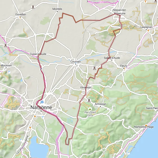 Miniature de la carte de l'inspiration cycliste "Aventures Gravel de Narbonne" dans la Languedoc-Roussillon, France. Générée par le planificateur d'itinéraire cycliste Tarmacs.app