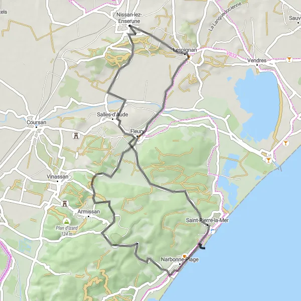 Map miniature of "Nissan-lez-Enserune Rural Loop" cycling inspiration in Languedoc-Roussillon, France. Generated by Tarmacs.app cycling route planner