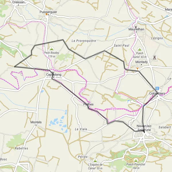 Map miniature of "Scenic Road Loop from Nissan-lez-Enserune" cycling inspiration in Languedoc-Roussillon, France. Generated by Tarmacs.app cycling route planner