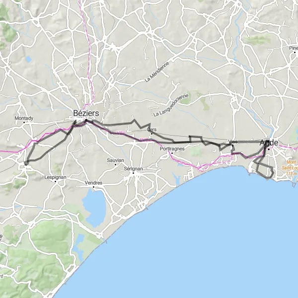 Map miniature of "Coastal Excursion and Historic Sites" cycling inspiration in Languedoc-Roussillon, France. Generated by Tarmacs.app cycling route planner