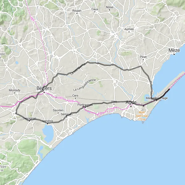 Map miniature of "Coastal Road Cycling Adventure from Nissan-lez-Enserune" cycling inspiration in Languedoc-Roussillon, France. Generated by Tarmacs.app cycling route planner