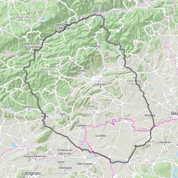Miniature de la carte de l'inspiration cycliste "Défi de 132 km en road autour de Nissan-lez-Enserune" dans la Languedoc-Roussillon, France. Générée par le planificateur d'itinéraire cycliste Tarmacs.app