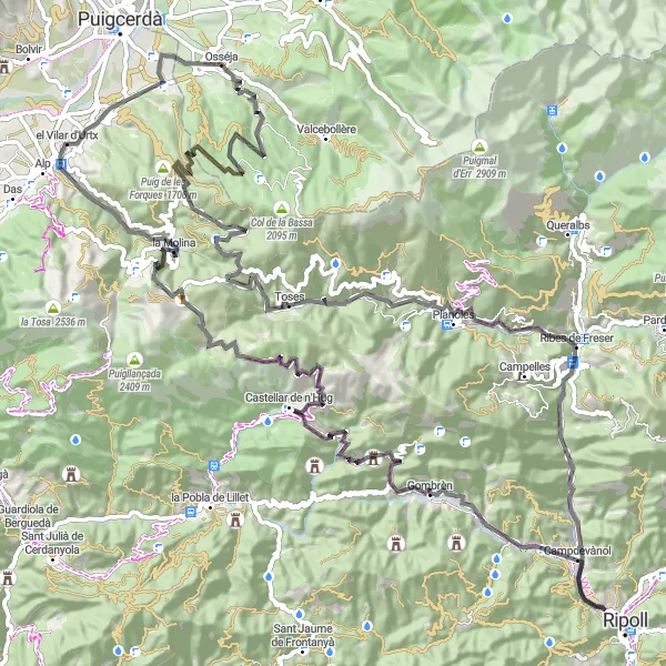 Miniature de la carte de l'inspiration cycliste "Parcours à vélo de route de Osséja à Palau-de-Cerdagne" dans la Languedoc-Roussillon, France. Générée par le planificateur d'itinéraire cycliste Tarmacs.app