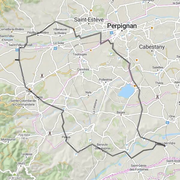 Map miniature of "Through the Vineyards" cycling inspiration in Languedoc-Roussillon, France. Generated by Tarmacs.app cycling route planner