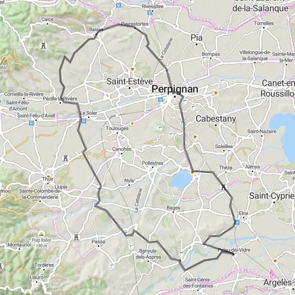 Map miniature of "Perpignan Scenic Loop" cycling inspiration in Languedoc-Roussillon, France. Generated by Tarmacs.app cycling route planner