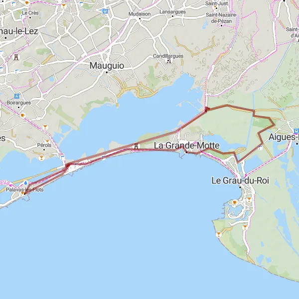 Map miniature of "Explore the Gravel Paths of Palavas-les-Flots" cycling inspiration in Languedoc-Roussillon, France. Generated by Tarmacs.app cycling route planner