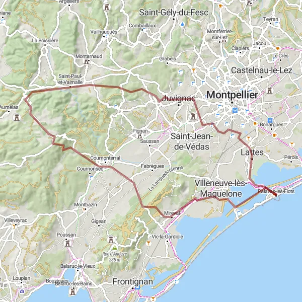 Map miniature of "Inland Expedition" cycling inspiration in Languedoc-Roussillon, France. Generated by Tarmacs.app cycling route planner