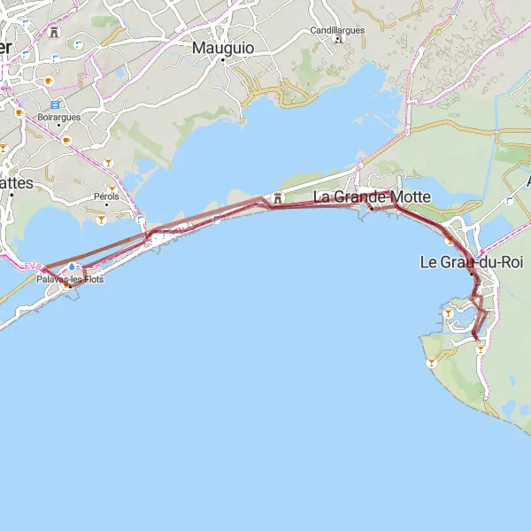 Map miniature of "Discover the Coastal Towns" cycling inspiration in Languedoc-Roussillon, France. Generated by Tarmacs.app cycling route planner