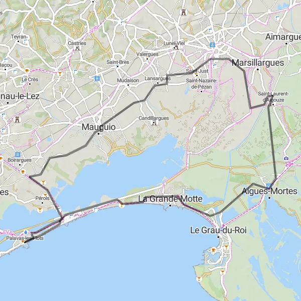 Map miniature of "Pérols - Aigues-Mortes Loop" cycling inspiration in Languedoc-Roussillon, France. Generated by Tarmacs.app cycling route planner