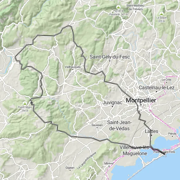 Map miniature of "Villeneuve-lès-Maguelone - Mamelon 197 Loop" cycling inspiration in Languedoc-Roussillon, France. Generated by Tarmacs.app cycling route planner