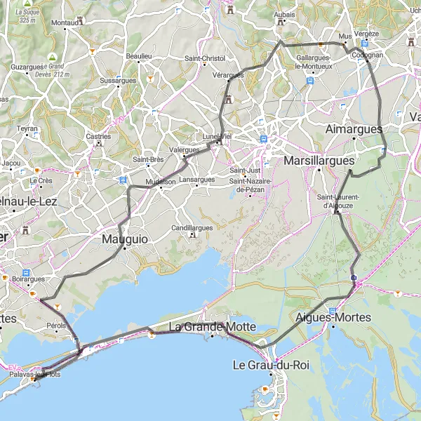 Map miniature of "Explore the Countryside around Palavas-les-Flots" cycling inspiration in Languedoc-Roussillon, France. Generated by Tarmacs.app cycling route planner