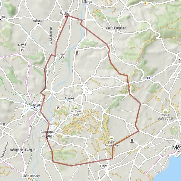 Miniature de la carte de l'inspiration cycliste "Tour de Saint-Pons-de-Mauchiens - Pézenas" dans la Languedoc-Roussillon, France. Générée par le planificateur d'itinéraire cycliste Tarmacs.app