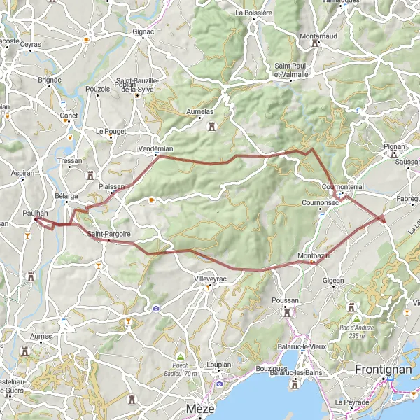 Miniature de la carte de l'inspiration cycliste "Route Bélarga et Campagnan en Gravel" dans la Languedoc-Roussillon, France. Générée par le planificateur d'itinéraire cycliste Tarmacs.app