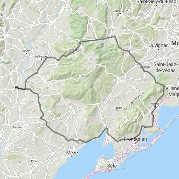 Miniature de la carte de l'inspiration cycliste "Parcours Vendémian - Frontignan" dans la Languedoc-Roussillon, France. Générée par le planificateur d'itinéraire cycliste Tarmacs.app