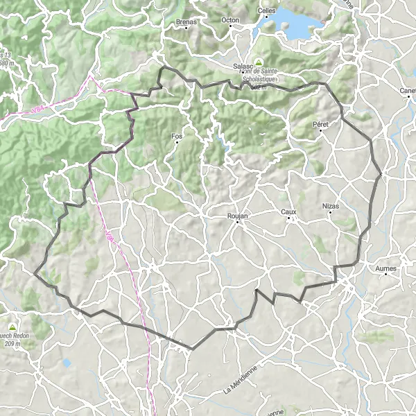 Miniature de la carte de l'inspiration cycliste "Circuit Faugères et Bassan" dans la Languedoc-Roussillon, France. Générée par le planificateur d'itinéraire cycliste Tarmacs.app