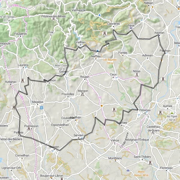 Map miniature of "Countryside Loop" cycling inspiration in Languedoc-Roussillon, France. Generated by Tarmacs.app cycling route planner