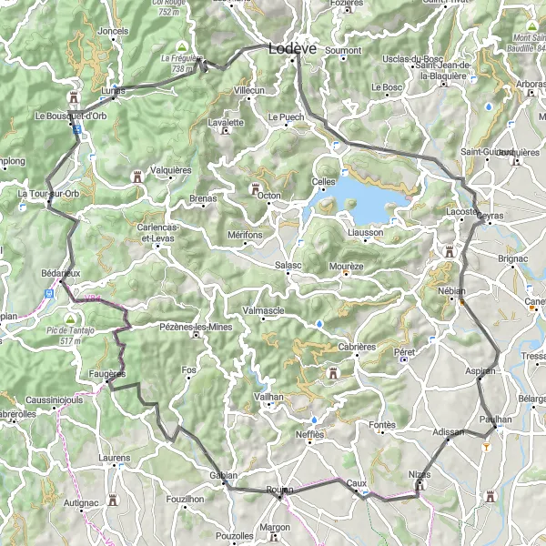 Miniature de la carte de l'inspiration cycliste "Tour des Collines de Lodève" dans la Languedoc-Roussillon, France. Générée par le planificateur d'itinéraire cycliste Tarmacs.app