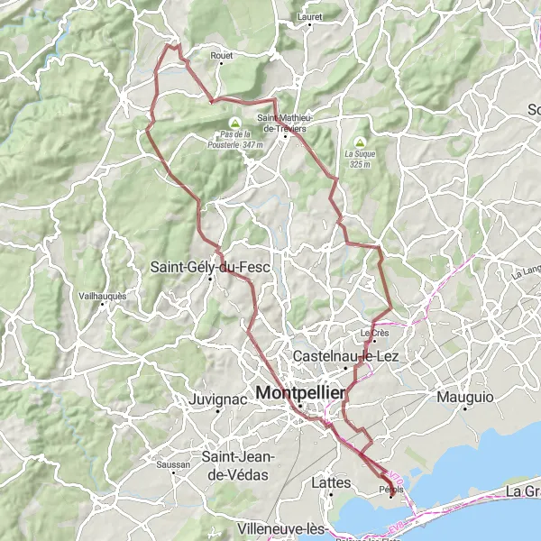 Map miniature of "Pérols to Le Crès" cycling inspiration in Languedoc-Roussillon, France. Generated by Tarmacs.app cycling route planner