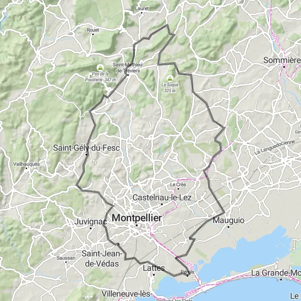 Map miniature of "Pérols to Saint-Bauzille-de-Montmel" cycling inspiration in Languedoc-Roussillon, France. Generated by Tarmacs.app cycling route planner