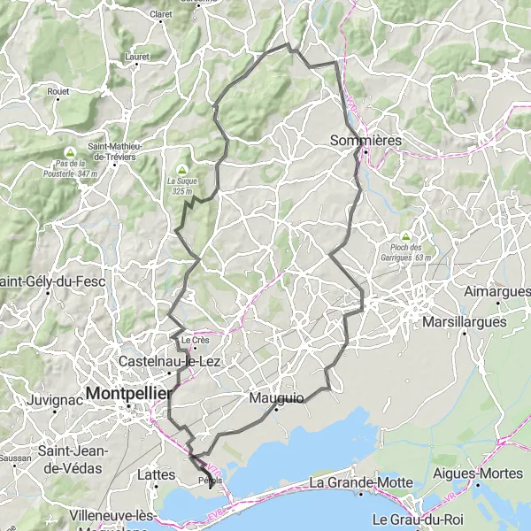 Map miniature of "Pérols to Lunel-Viel" cycling inspiration in Languedoc-Roussillon, France. Generated by Tarmacs.app cycling route planner