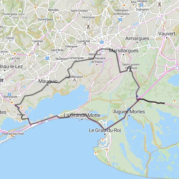 Map miniature of "The Mauguio Loop" cycling inspiration in Languedoc-Roussillon, France. Generated by Tarmacs.app cycling route planner