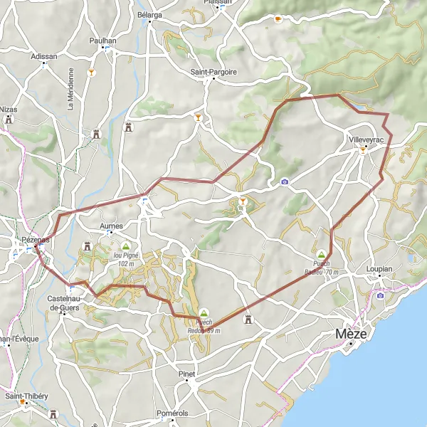 Map miniature of "Montagnac Gravel Loop" cycling inspiration in Languedoc-Roussillon, France. Generated by Tarmacs.app cycling route planner