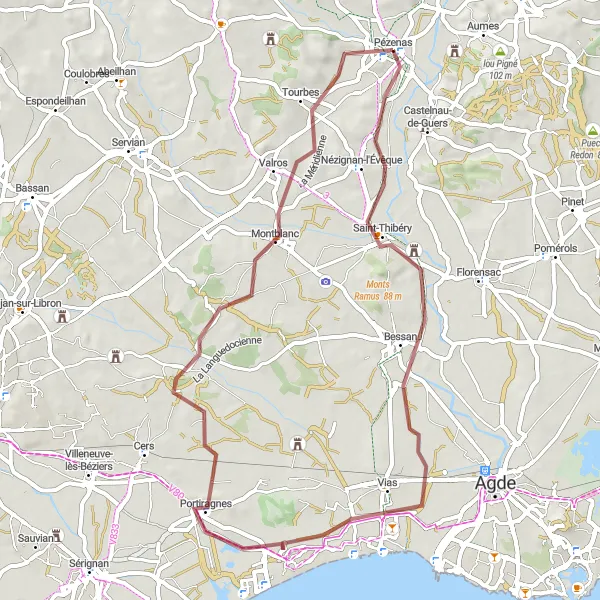 Miniature de la carte de l'inspiration cycliste "Le Tour des Châteaux et des Vignes" dans la Languedoc-Roussillon, France. Générée par le planificateur d'itinéraire cycliste Tarmacs.app