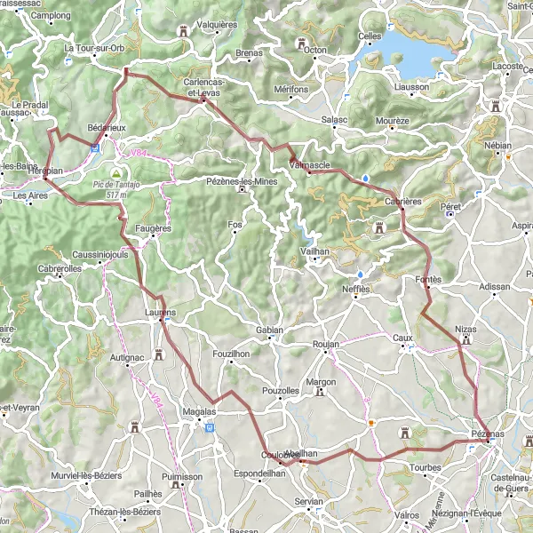 Miniature de la carte de l'inspiration cycliste "La Boucle des Villages" dans la Languedoc-Roussillon, France. Générée par le planificateur d'itinéraire cycliste Tarmacs.app